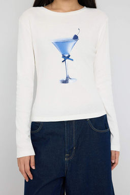 Teen Ekru Bask? ve Fiyonk Detayl? Fitted/Vucuda Oturan Orme Bluz TWOAW25BZ00126