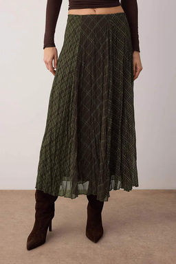 Haki-Kahverengi Ekoseli Astarl? Sifon K?r?s?k Efektli Maxi Asimetrik Etek TWOSS26ET00045