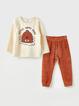 Bisiklet Yaka Uzun Kollu Bask?l? Kadife Erkek Bebek Pijama Tak?m?