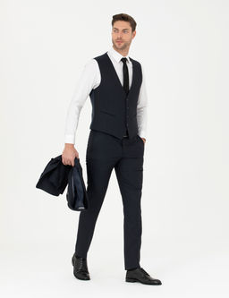 Lacivert Slim Fit _izgili Yelekli Tak_m Elbise