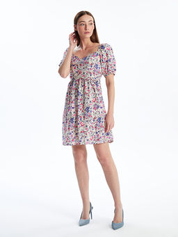 Kare Yaka ?i?ekli K?sa Kollu Elbise