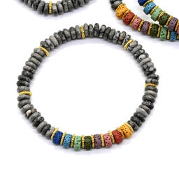 Браслет из яшмы мраморной диски 6*2мм со вставками из лавы, 16см