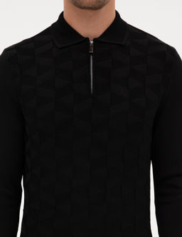 Siyah Slim Fit Polo Yaka Fermuarl_ Triko Kazak - Pierre cardin фото 6