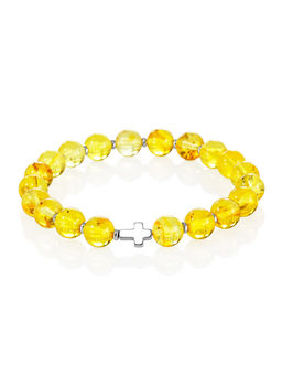 Лёгкий яркий браслет из лимонного янтаря с крестиком из гематита