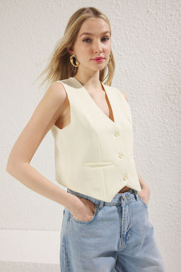 Ac?k Sar? Regular Crop Dokuma Yelek TWOSS22YE0053