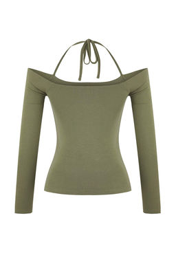 Haki Carmen Yaka Baglama Detayl? Fitted/Vucuda Oturan Orme Bluz TWOAW26BZ00097