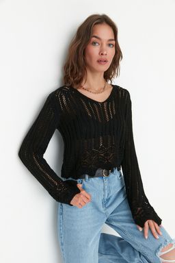 Siyah Ajurlu/Delikli Triko Kazak TWOSS20KZ0030