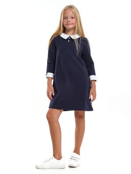 Платье для девочки в школу с белым воротником и манжетами UD 7962 синий
