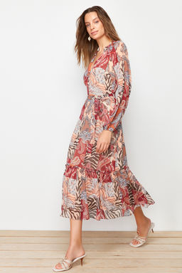 TRENDYOLMILLA Cok Renkli Kusakl? Etnik Desenli Etegi Volanl? Astarl? Midi Dokuma Elbise TWOAW24EL00356  фото 13