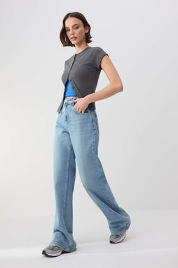 Trendyolmilla Wardrope Essentials Mavi D_k_ml_ Y_ksek Bel %100 Pamuk Wide Leg Jeans TWOSS26JE00122  фото 3