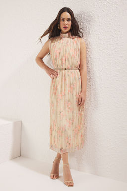 TRENDYOLMILLA Bordo Kemerli Duz Kesim Piliseli Midi Astarl? Sifon Dokuma Elbise TWOSS25EL00118  фото 15