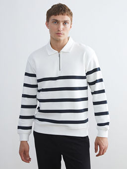 Polo Yaka Uzun Kollu ?izgili Erkek Sweatshirt