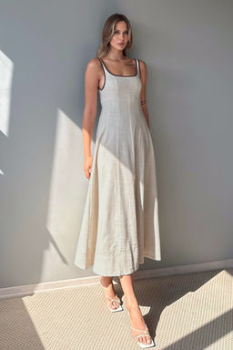 Ekru Keten Icerikli Duz Midi Dokuma Elbise TWOSS25EL00895 - Trendyolmilla фото 2