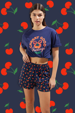 Trendyolmilla Lacivert %100 Pamuklu Kiraz Desenli Sortlu Orme Pijama Tak?m? THMSS25PT00101  фото 12