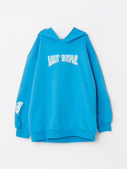 Kap??onlu Bask?l? Uzun Kollu K?z ?ocuk Sweatshirt