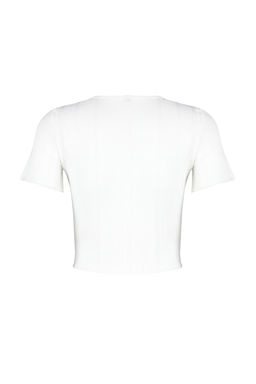 Ekru Patl? Crop Havuz Yaka Fitilli Esnek Orme Bluz TWOSS24BZ00364