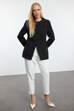 TRENDYOLMILLA Siyah Yuvarlak / Bisiklet Yakal? Fitted Bele Oturan Dokuma Blazer Ceket TWOAW25BC00009  фото 6