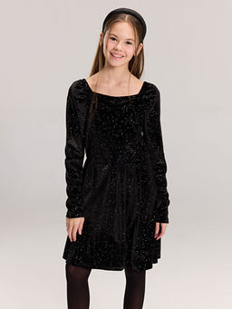 Kare Yaka Kadife K?z ?ocuk Elbise