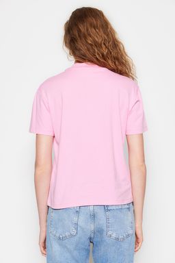 Pembe%100 Pamuk Basic Regular/Normal Kal?p Dik Yaka Orme T-Shirt TWOAW20TS0096