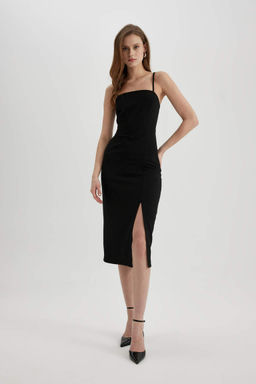 Черное платье миди с квадратным вырезом и разрезом на бретельках - Defacto фото 4