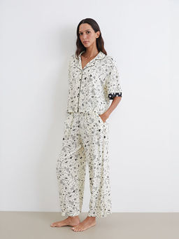 G?mlek Yaka Bask?l? Kad?n Pijama Tak?m