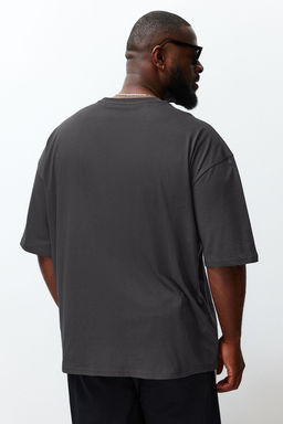 Antrasit Oversize/Genis Kesim Bisiklet Yaka Limon Bask?l? Buyuk Beden T-Shirt TMNSS25BF00002