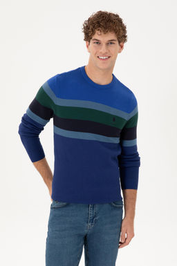 Erkek Slim Fit Bisiklet Yaka _ndigo Kazak