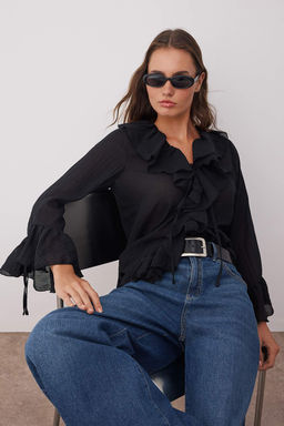 Siyah F?rf?rl? Bohem Ince Pamuklu Kumas Uzun Kol Dokuma Bluz TWOSS25BZ00551