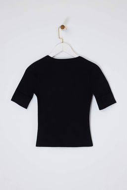 Limited Edition Siyah Vucuda Oturan K?sa Kollu Dugmeli Fitilli Esnek Orme Bluz TWOSS26BZ00473 - Trendyolmilla фото 6