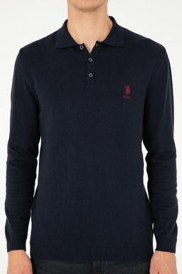 Erkek Slim Fit Polo Yaka Lacivert Basic Kazak