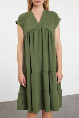 Haki Duz Genis Kesim V Yaka Etegi Volanl? Aerobin Dokuma Elbise TWOSS24EL01031 - Trendyolmilla фото 3