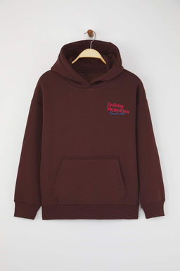 Teen Kahverengi S?rt Bask?l? Oversize Kal?p Kapusonlu Ici Polarl? Orme Sweatshirt TWOAW26SW00126 - Trendyolmilla фото 7