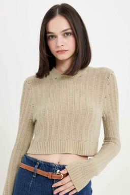 Regular Fit Crop Bisiklet Yaka Orgu Delikli Triko Kazak