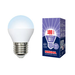 LED-G45-11W/DW/E27/FR/NR Лампа светодиодная. Форма "шар", матовая. Серия Norma. Дневной белый свет (6500K). Картон. ТМ Volpe