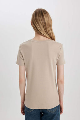 Базовая футболка в рубчик с короткими рукавами приталенного кроя и V-образным вырезом - Defacto фото 6