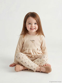 Bask?l? F?rf?r Detayl? K?z Bebek Bluz ve Tayt