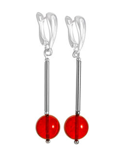 Длинные серьги с ярко-алым янтарным шариком