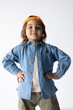 Джинсовая рубашка с длинными рукавами и принтом на спине для маленьких мальчиков - Defacto фото 3