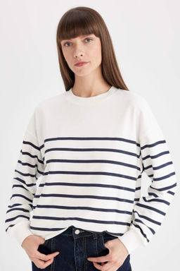 Relax Fit Bisiklet Yaka Cizgili Ince Sweatshirt - Defacto фото 2