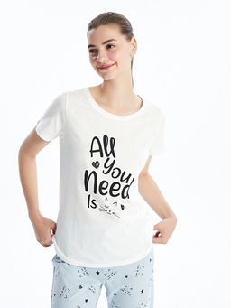 Bisiklet Yaka Bask?l? K?sa Kollu Kad?n Pijama Tak?m?