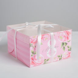 Цена за 5 шт. Коробка для капкейков, кондитерская упаковка, 4 ячейки Поздравляю с 8 марта, 16?16?10 см