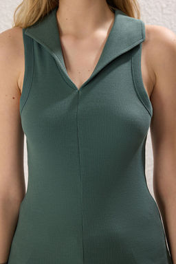 Trendyolmilla Haki Polo Yaka Fitilli Fitted/Vucuda Oturan Esnek Orme Bluz TWOSS25BZ00408  фото 10