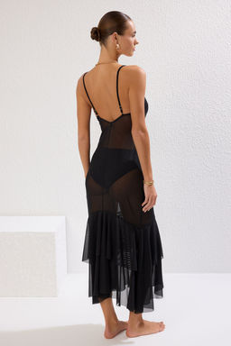 Trendyolmilla Siyah Maxi Orme Volanl? Aksesuarl? Transparan Plaj Elbisesi TBESS25EL00054  фото 5