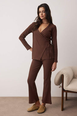 Gri Melanj Baglama Detayl? Kruvaze Yaka Fitilli Orme Pijama Tak?m? THMAW26PT00003 - Trendyolmilla фото 15