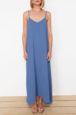 Indigo Duz Kesim V Yaka Maxi Dokuma Elbise TWOSS24EL00995