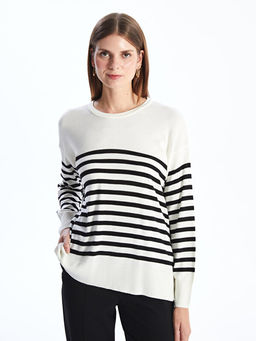 Bisiklet Yaka ?izgili Uzun Kollu Oversize Kad?n Triko Kazak - Waikiki фото 2