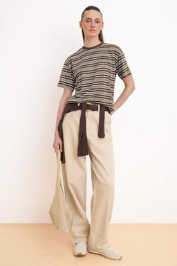Kahverengi Cizgili Oversize/Genis Kal?p K?sa Kollu Uzun Tok %100 Pamuk Orme T-Shirt TWOSS26TS00055 - Trendyolmilla фото 2