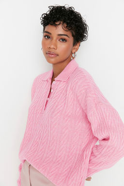 Pembe Genis Kal?p Yumusak Dokulu Triko Kazak TWOAW21KZ2635