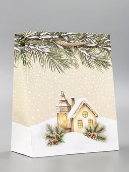 Цена за 2 шт. Пакет подарочный новогодний ламинированный, «Новогодний дом», 18×10×22.3 см