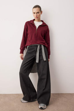 Bordo Fermuarl? Polo Yaka Serit Detayl? Regular/Normal Kesim Orme Sweatshirt TWOAW26SW00034